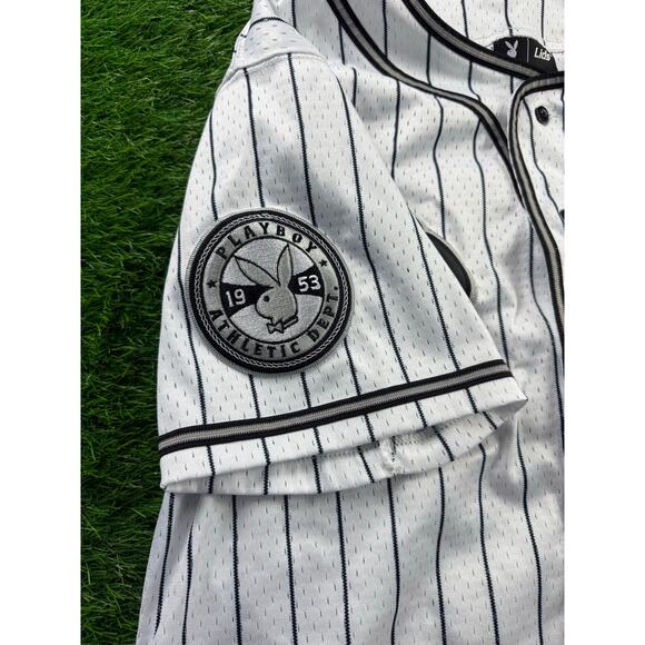 Playboy x Lids Pinstripe Baseball Jersey Sz L Gray Black Bunny Logo 00 Mens - Picture 7 of 10